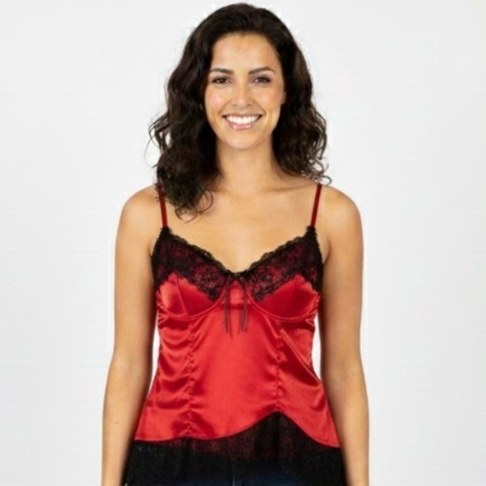 VTG Sophie B Red‎ Black Lace Corset Bustier Top Bra Sm Y2K